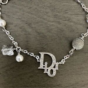 Dior Silver-Tone Crystal Logo Charm Bracelet with Pearls